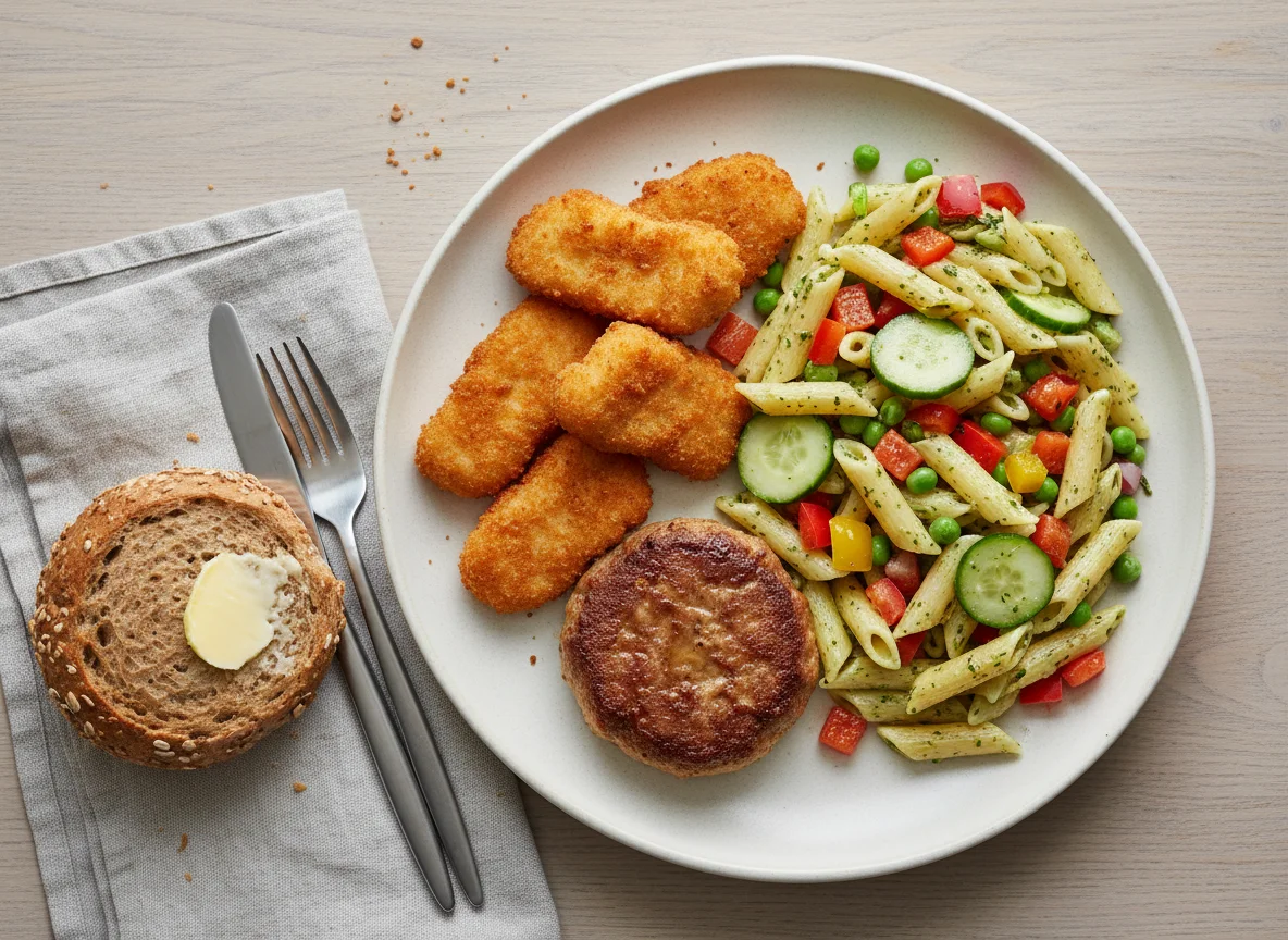 Hähnchen-Nuggets mit Nudelsalat und Brötchen photo