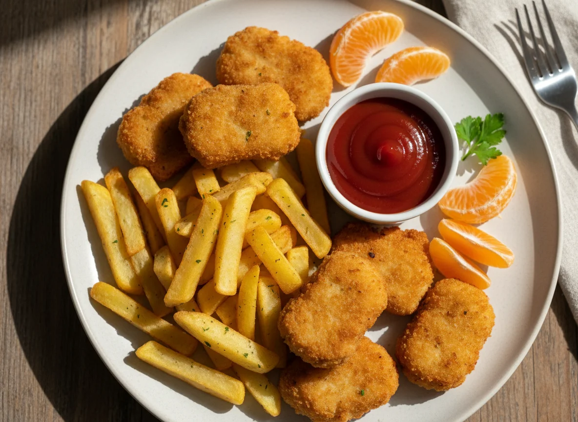 Hähnchen-Nuggets mit Pommes Frites und Ketchup photo