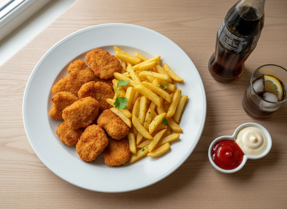 Hähnchen-Nuggets mit Pommes Frites und Saucen photo