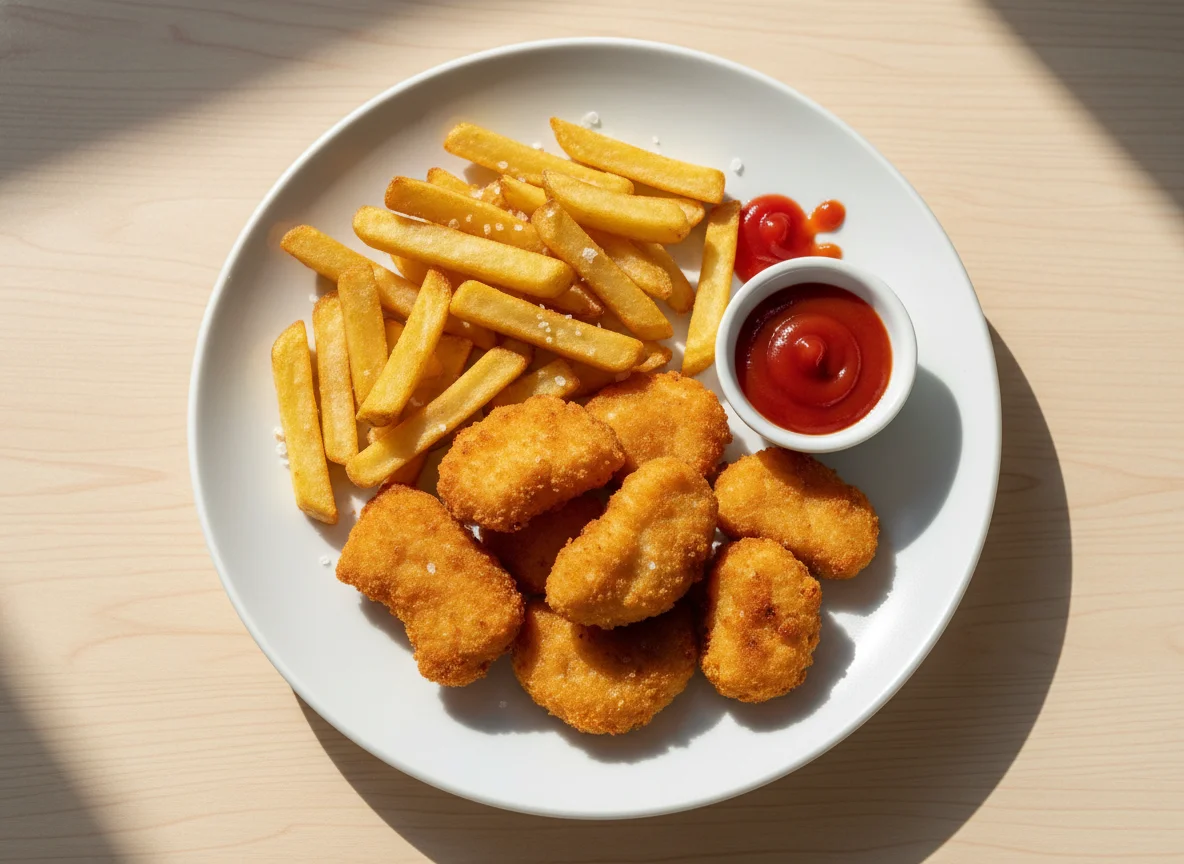 Hähnchen-Nuggets mit Pommes und Ketchup photo