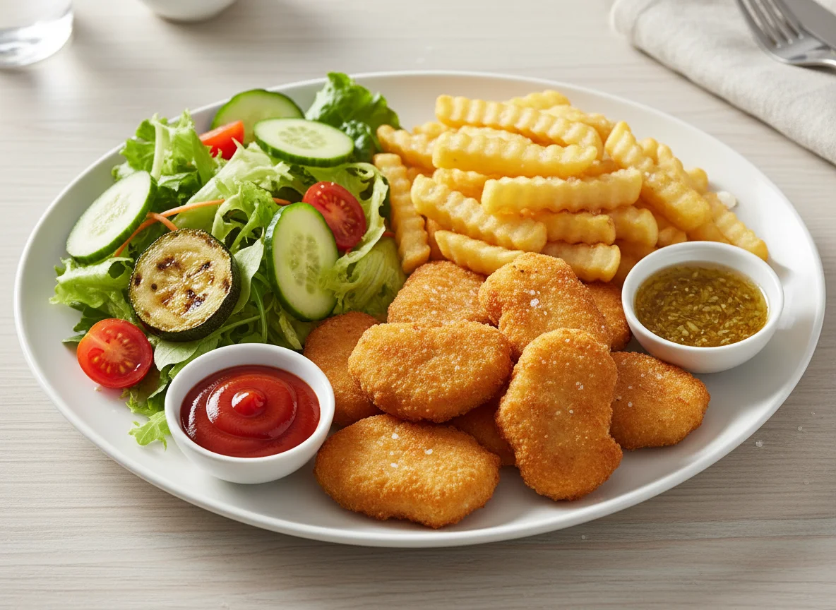 Hähnchen-Nuggets mit Pommes und Salat photo