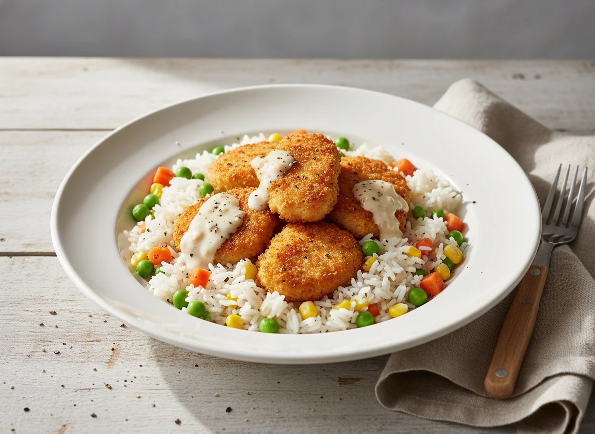 Hähnchen-Nuggets mit Reis, Gemüse und Sauce photo