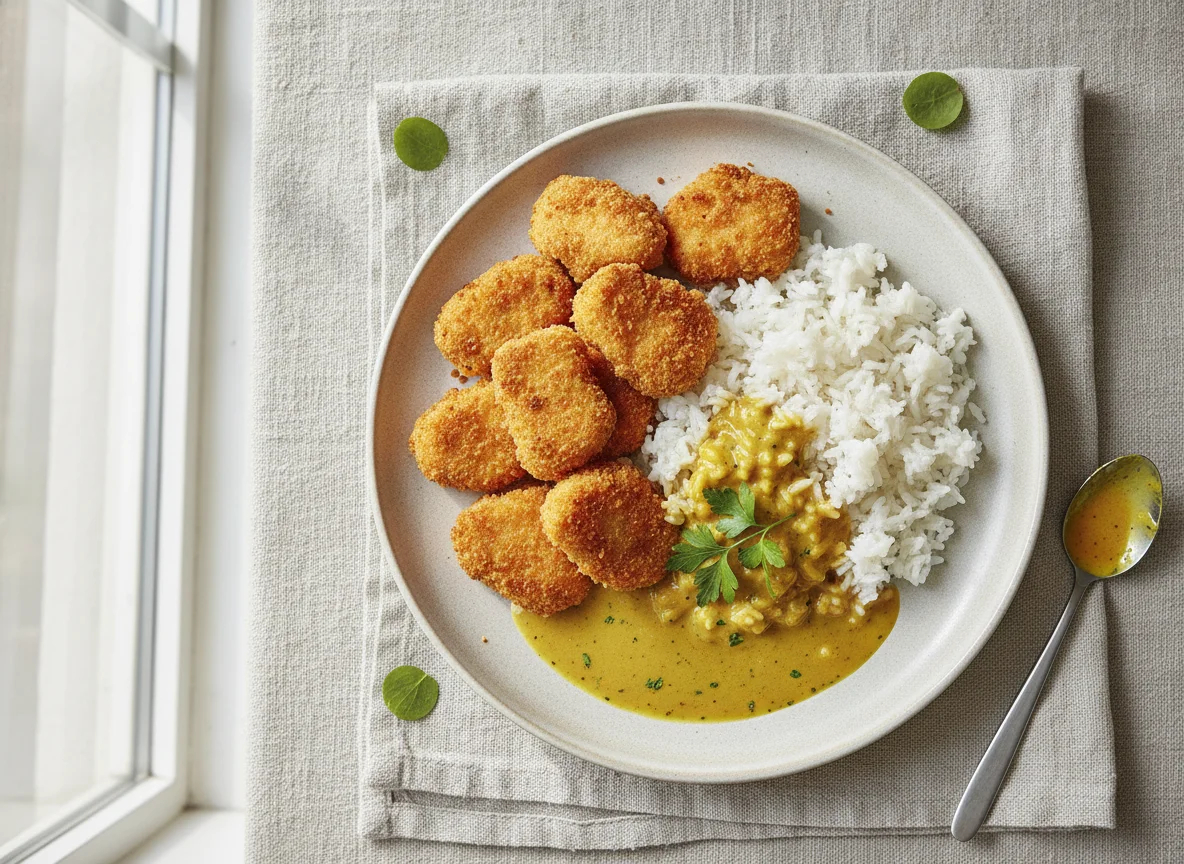 Hähnchen-Nuggets mit Reis und Currysauce photo