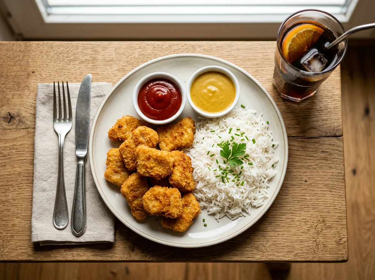 Hähnchen-Nuggets mit Reis und Saucen photo