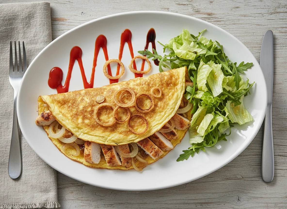 Hähnchen-Omelett mit Salat und Sriracha photo