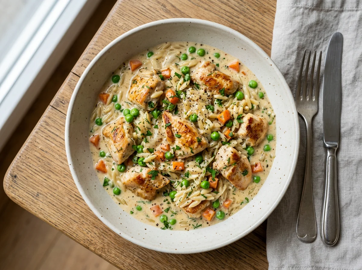 Hähnchen-Orzo-Pfanne mit Erbsen und Karotten in Sahnesauce photo