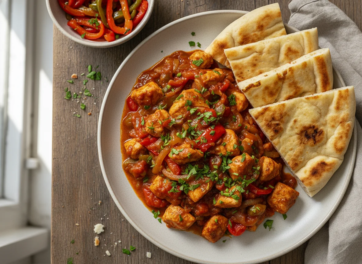 Hähnchen-Paprika-Gulasch mit Fladenbrot photo