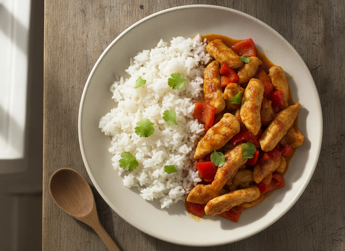 Hähnchen-Paprika-Pfanne mit Reis photo
