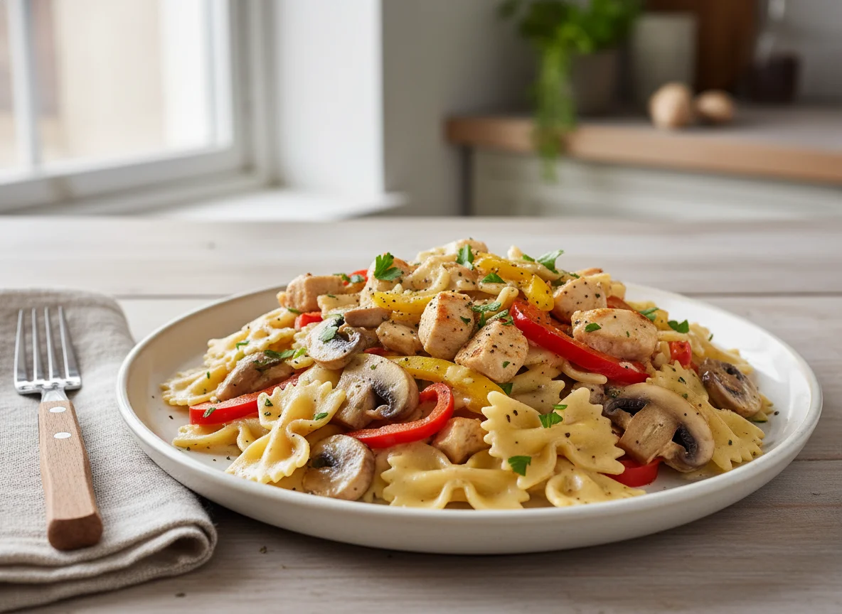 Hähnchen-Paprika-Pilz-Pasta in Sahnesauce photo