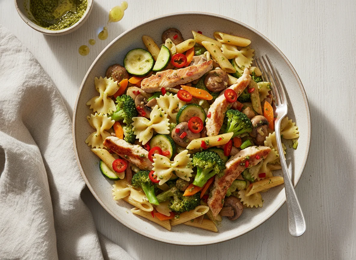 Hähnchen-Pasta mit Gemüse und Pesto photo