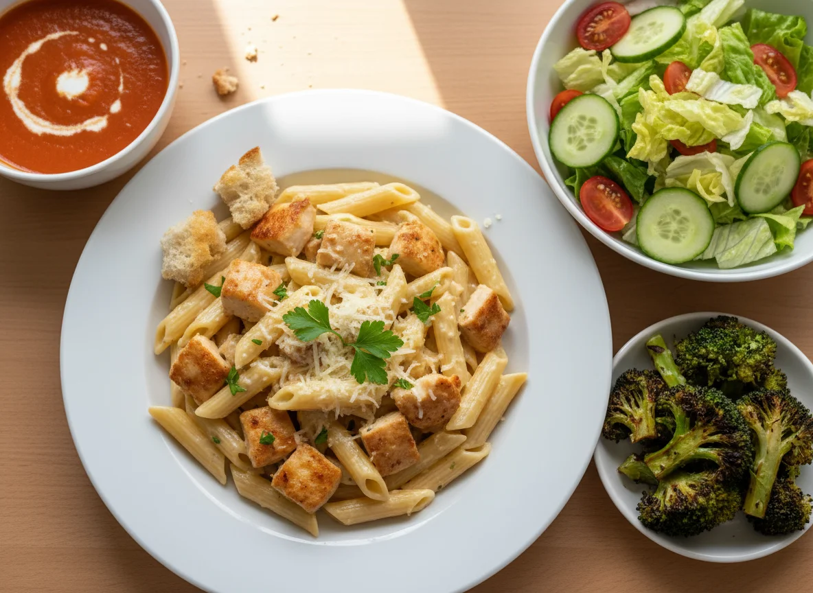 Hähnchen-Pasta mit Salat und Brokkoli photo