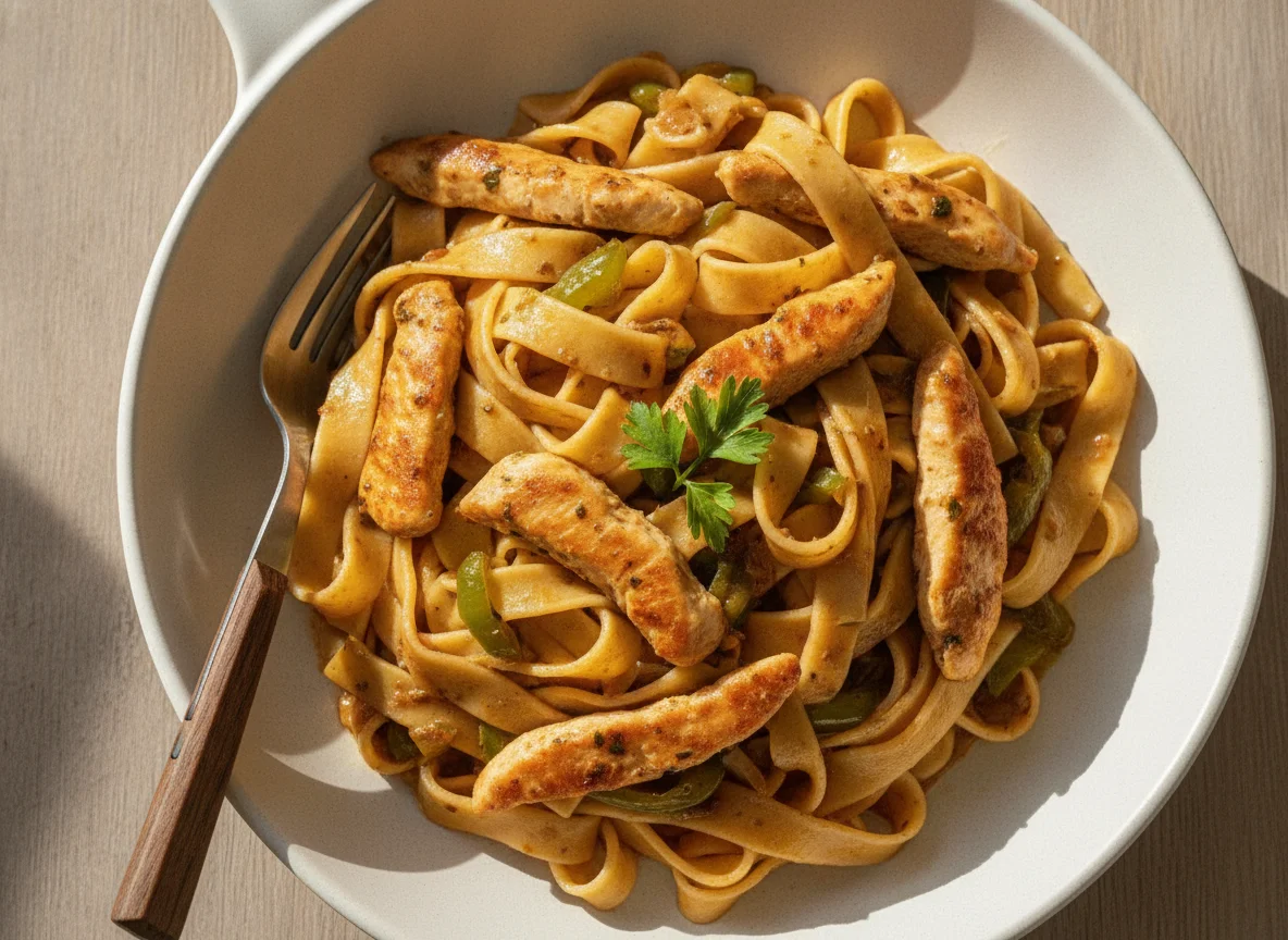 Hähnchen-Pasta-Pfanne mit Paprika photo