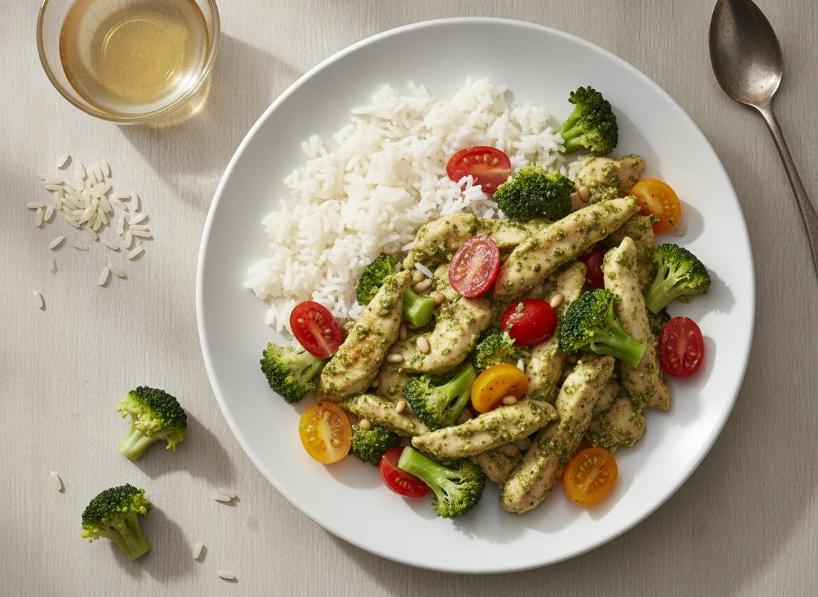 Hähnchen-Pesto-Pfanne mit Reis und Brokkoli photo