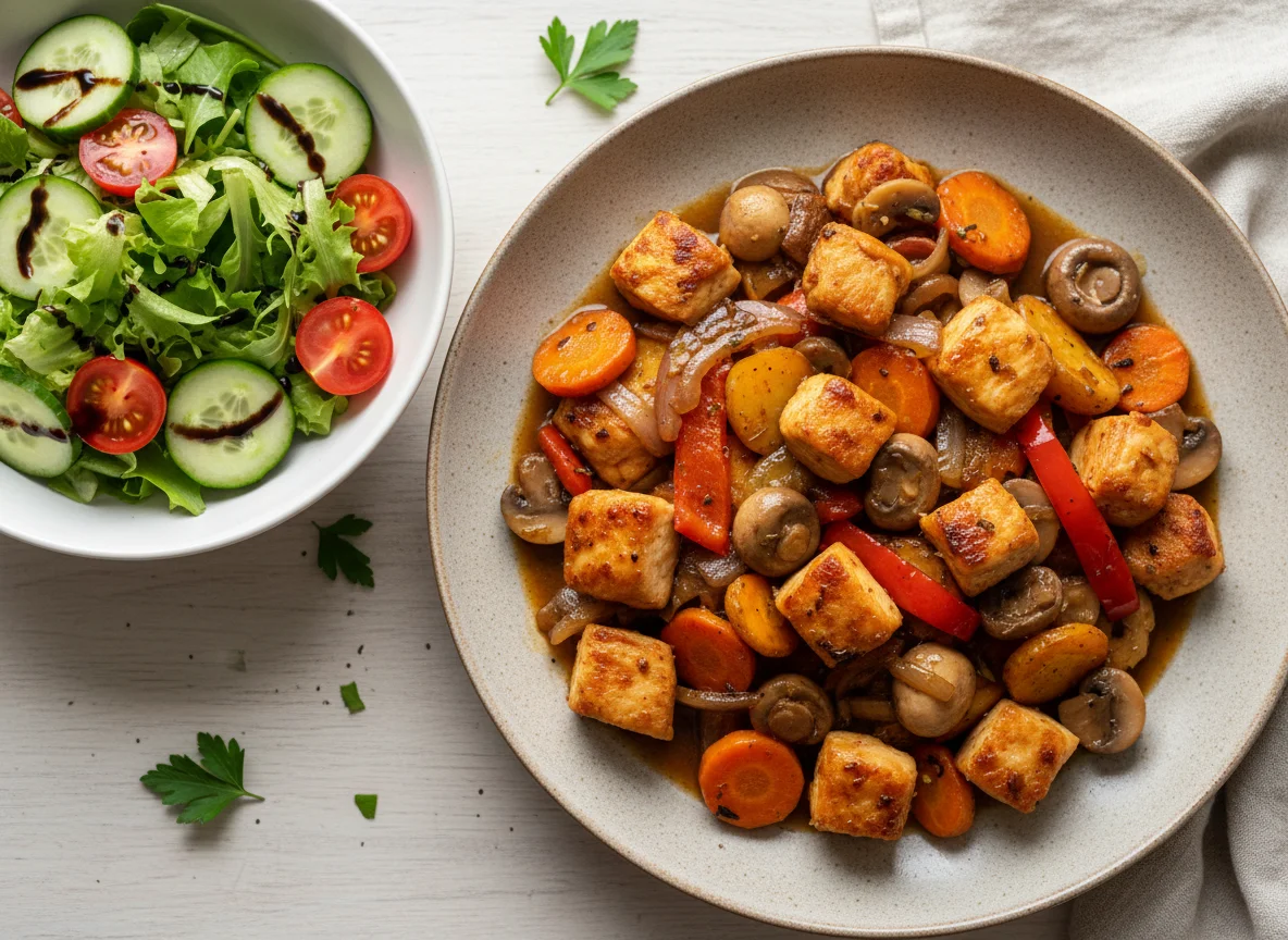 Hähnchenpfanne mit Gemüse und Beilagensalat photo