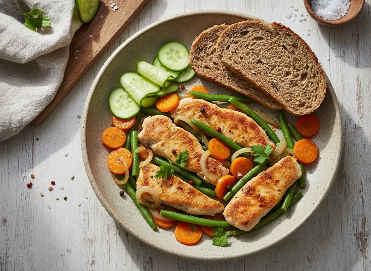 Hähnchenpfanne mit Gemüse und Brot photo