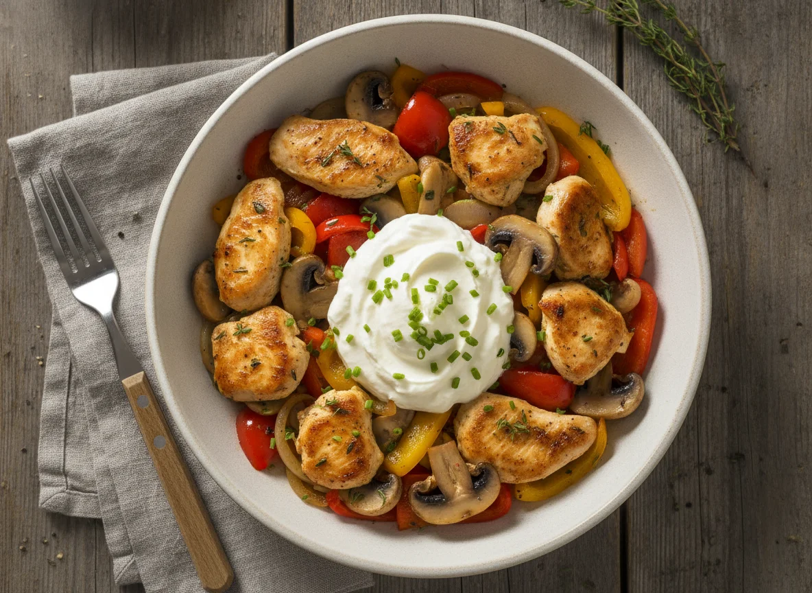 Hähnchenpfanne mit Gemüse und Quark photo