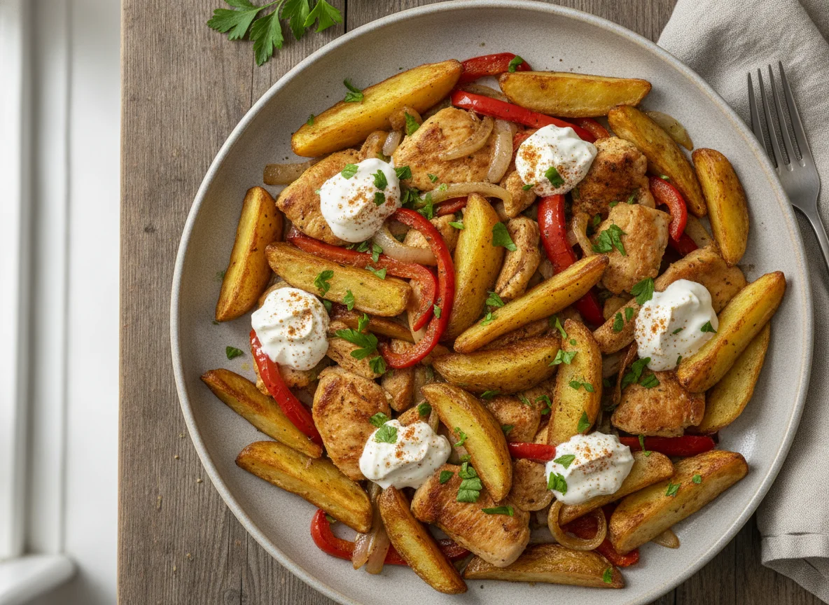 Hähnchenpfanne mit Kartoffelspalten und Gemüse photo