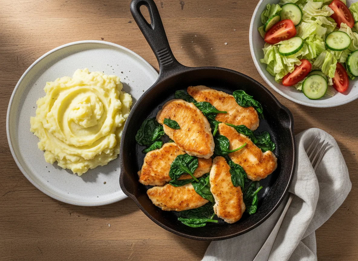 Hähnchenpfanne mit Kartoffelstampf und gemischtem Salat photo