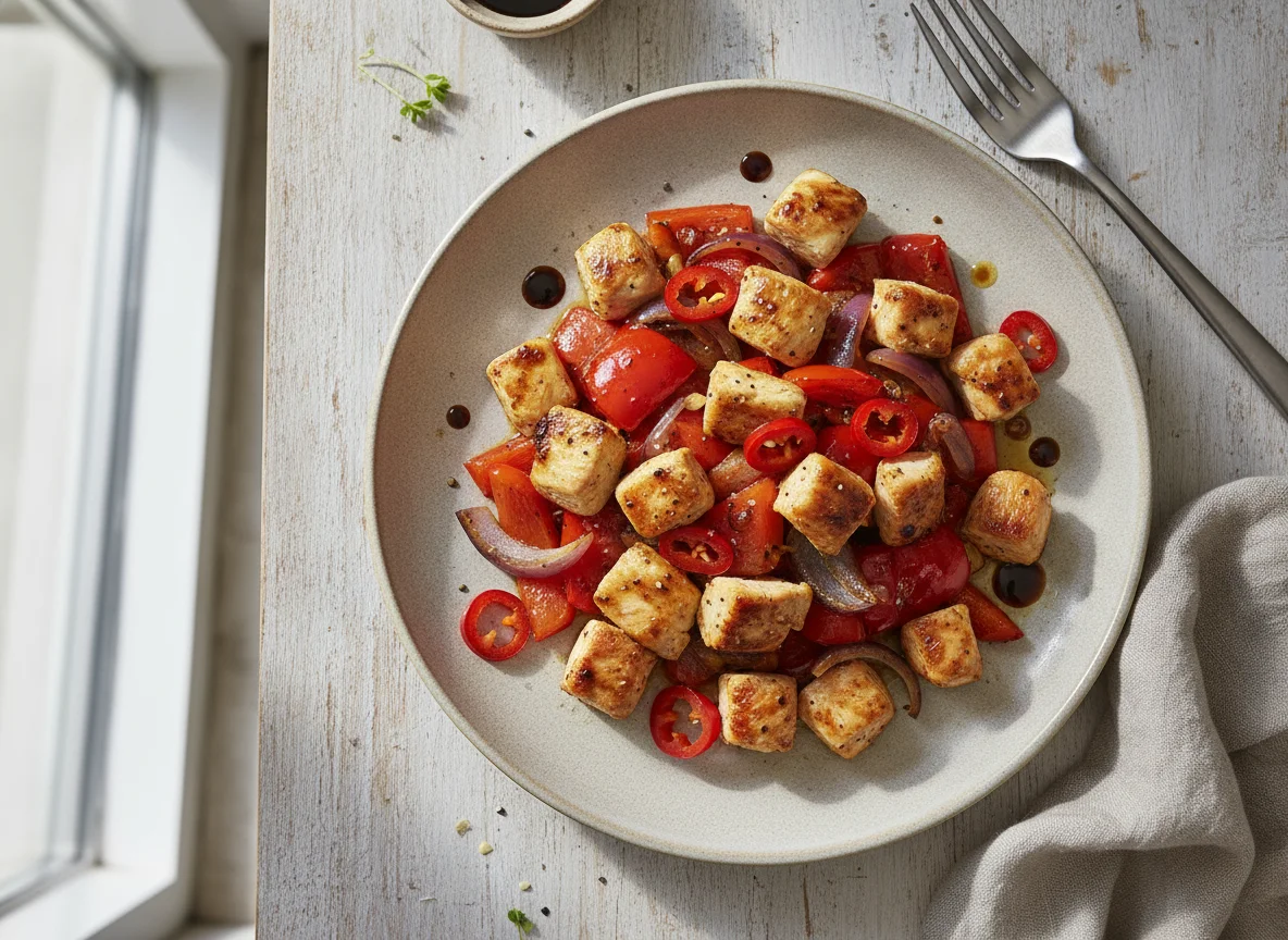 Hähnchen-Pfanne mit Paprika und Zwiebeln photo