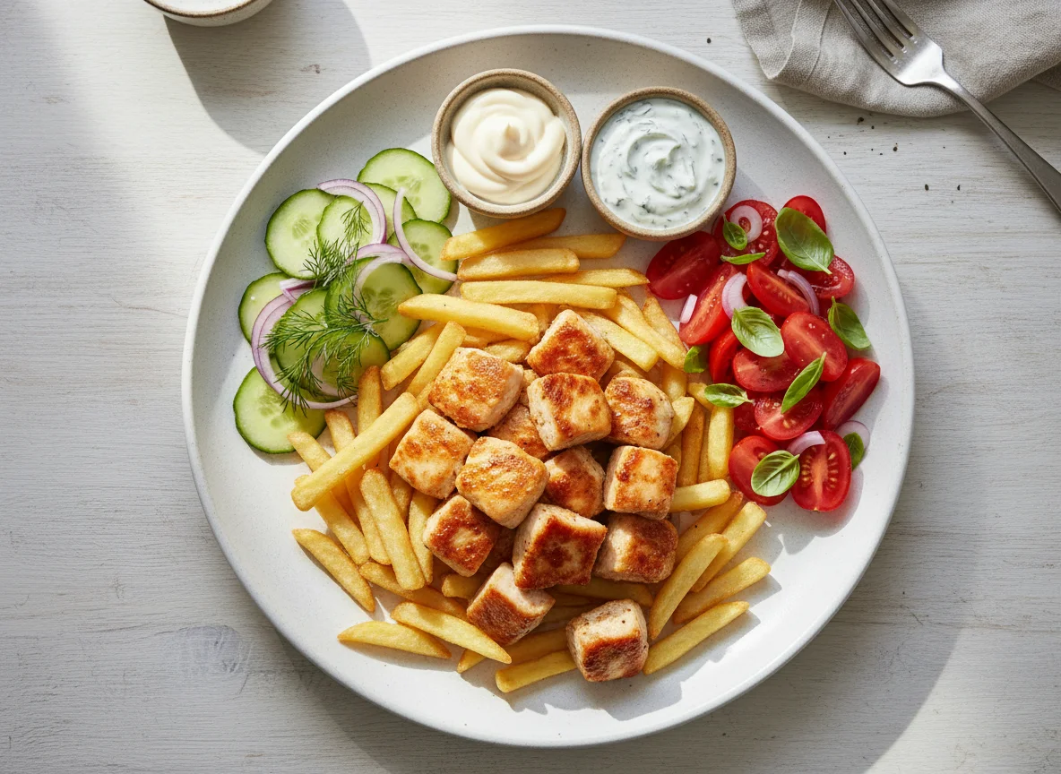 Hähnchenpfanne mit Pommes und Salat photo