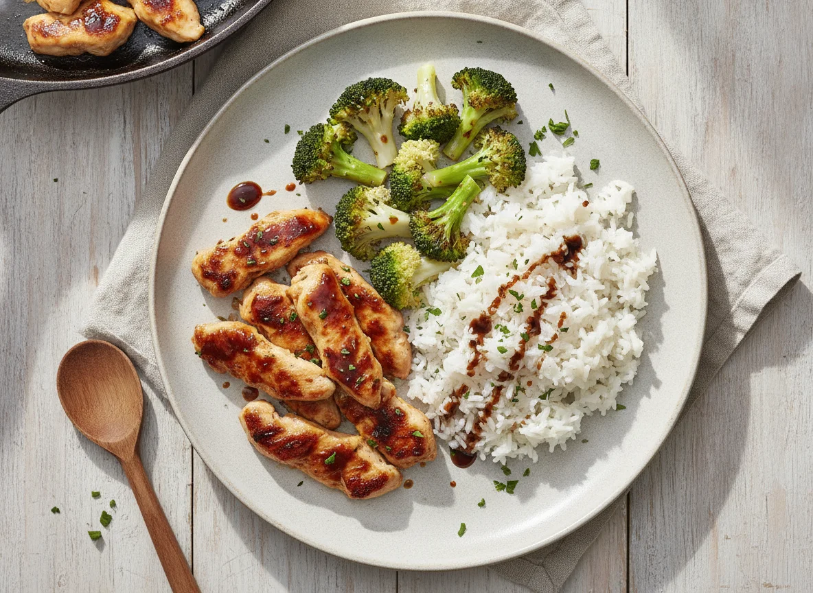 Hähnchen-Pfanne mit Reis und Brokkoli photo