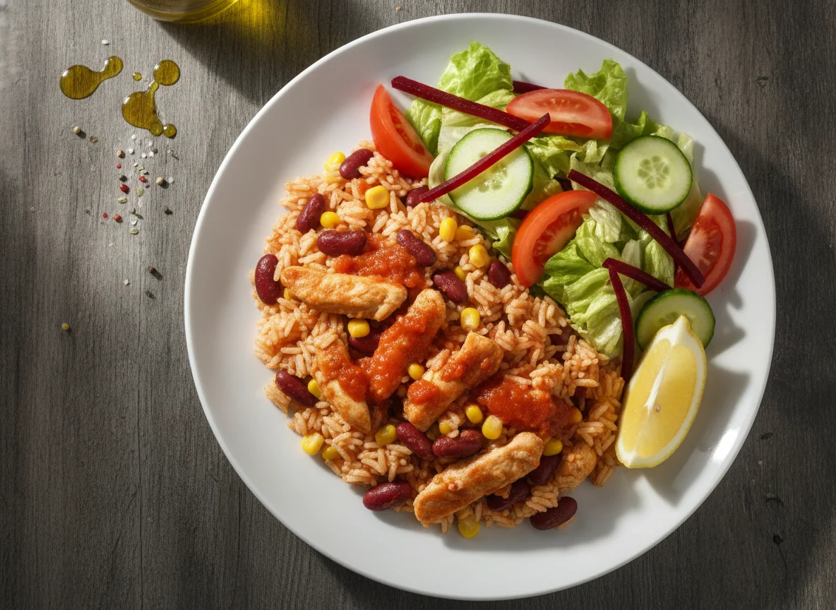 Hähnchen-Pfanne mit Reis und gemischtem Salat photo