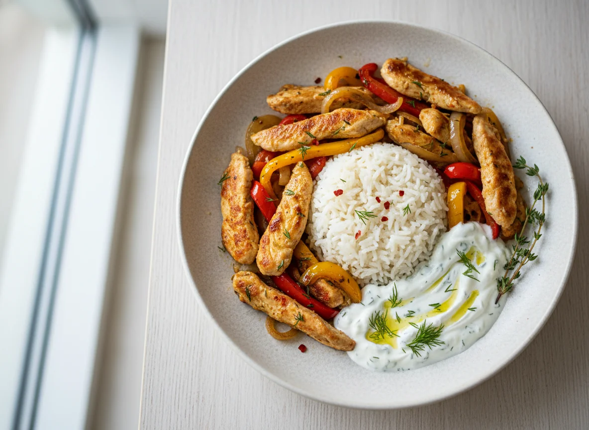 Hähnchen-Pfanne mit Reis und Joghurtsauce photo