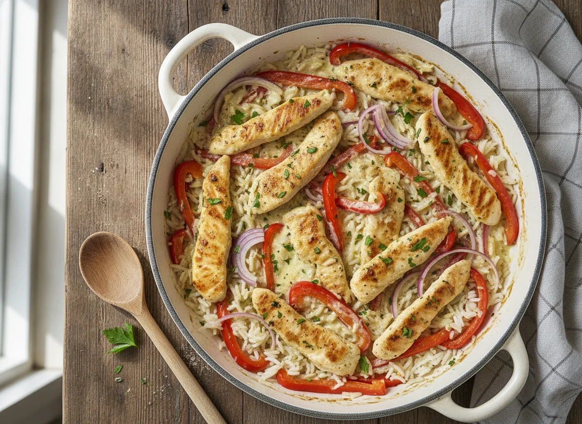 Hähnchen-Pfanne mit Reis und Paprika photo