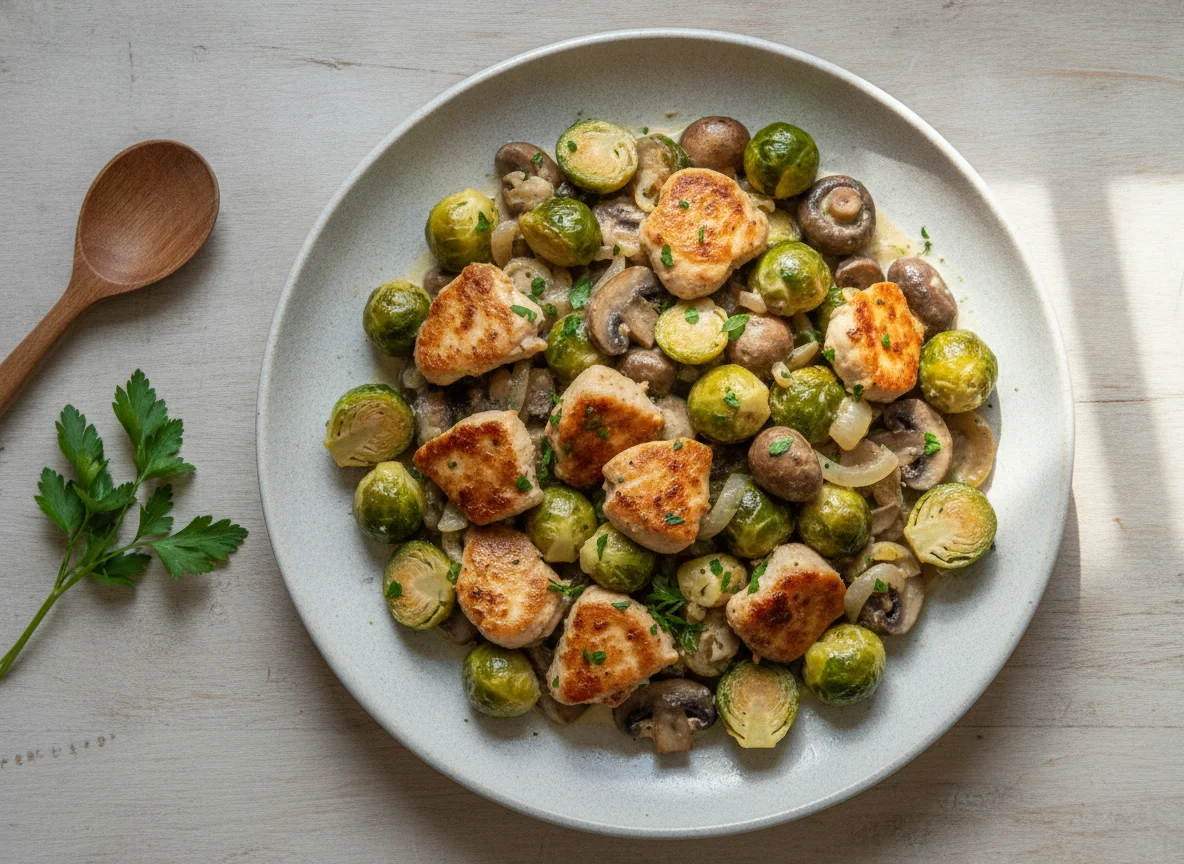 Hähnchenpfanne mit Rosenkohl und Pilzen photo
