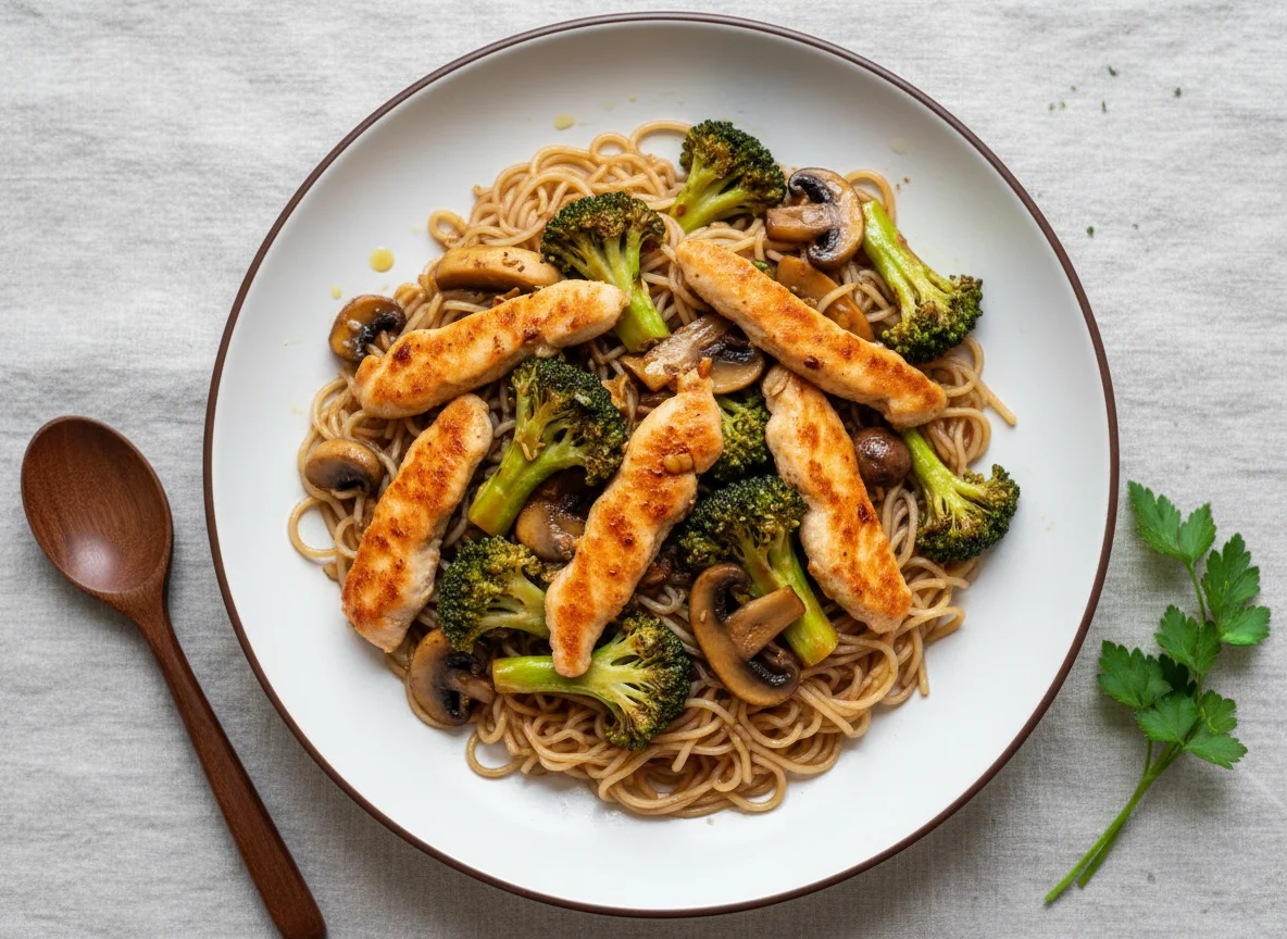Hähnchen-Pilz-Brokkoli-Pfanne mit Reisnudeln photo