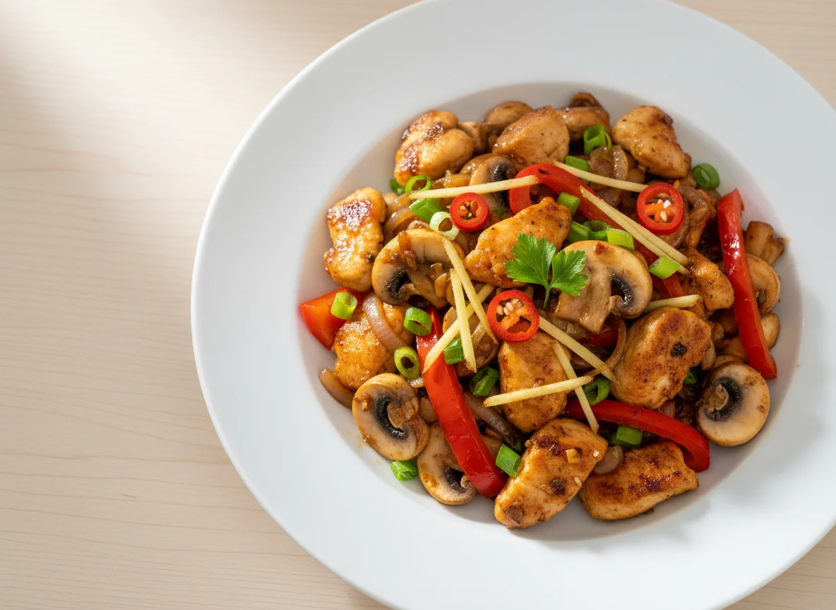 Hähnchen-Pilz-Pfanne mit Ingwer und Paprika photo