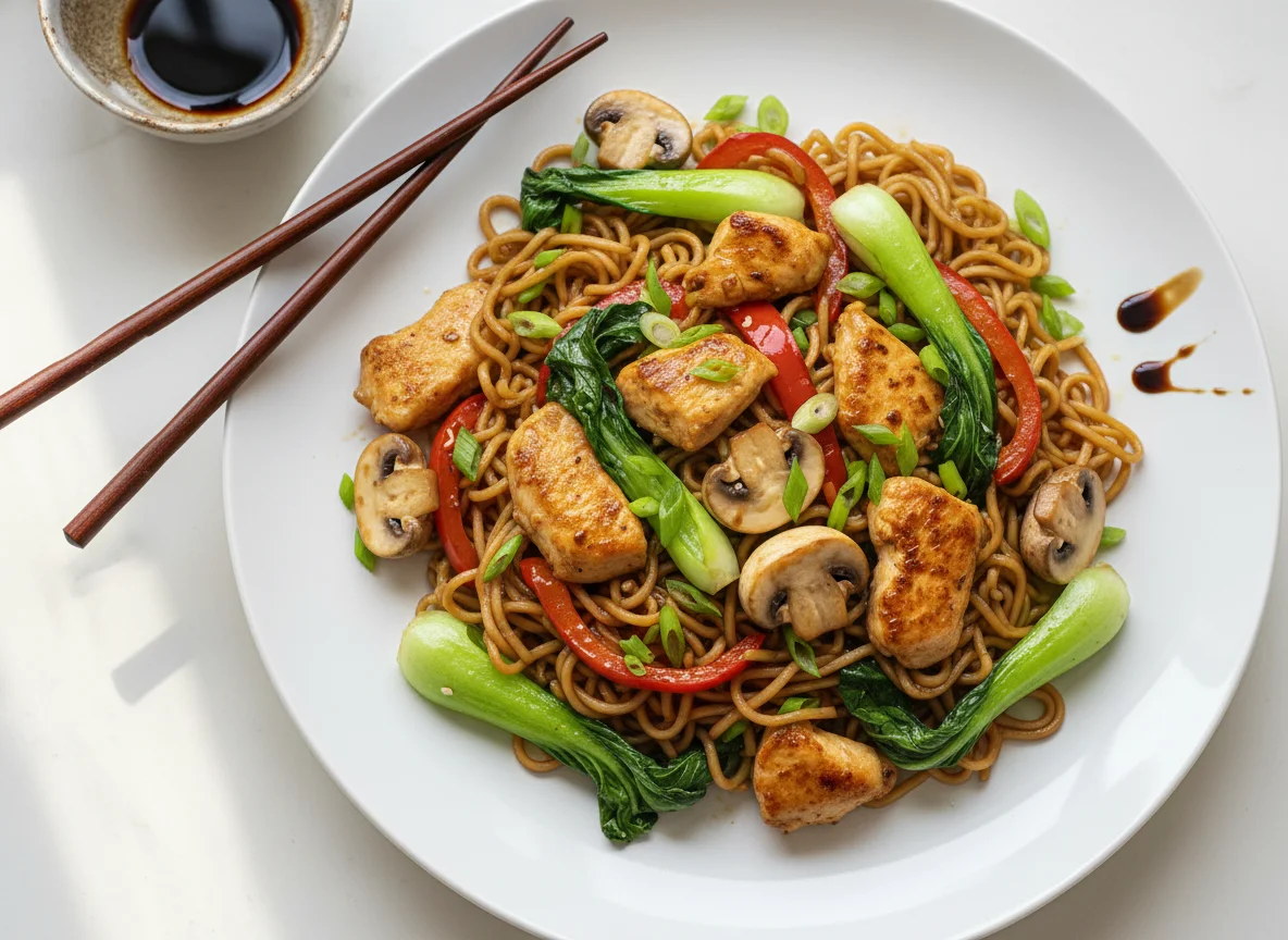Hähnchen-Pilz-Pfanne mit Instantnudeln und Pak Choi photo