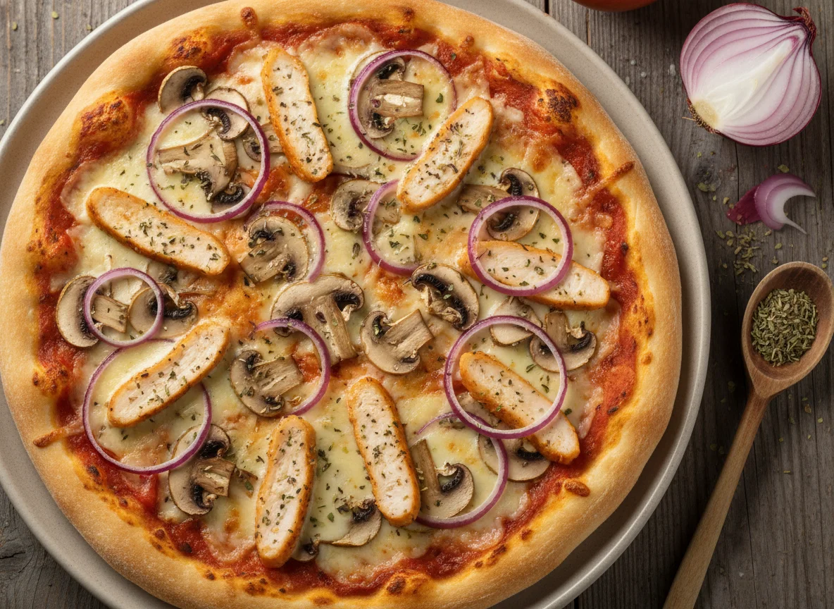 Hähnchen-Pilz-Pizza mit roten Zwiebeln photo