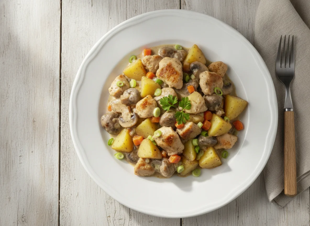Hähnchen-Pilz-Ragout mit Kartoffeln in Sahnesauce photo