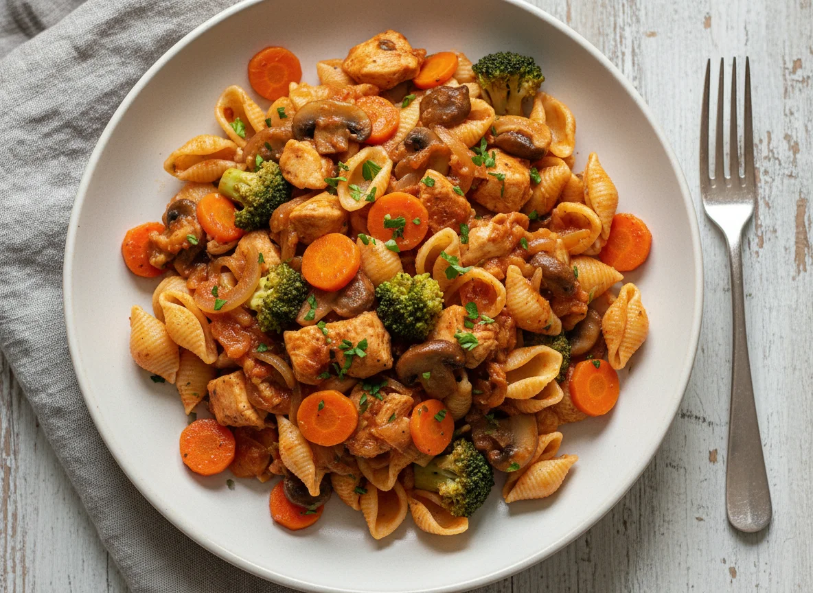 Hähnchen-Pilz-Ragout mit Nudeln, Karotten und Brokkoli photo