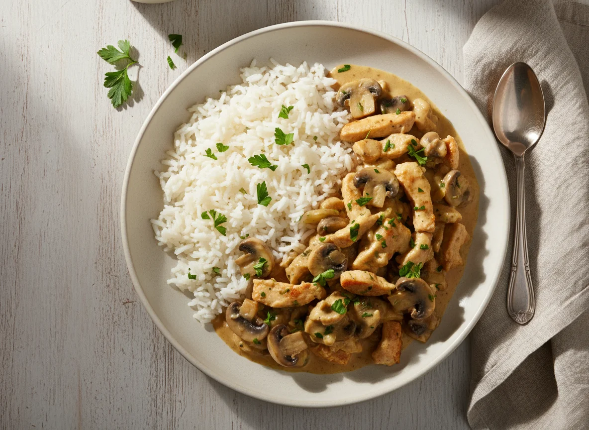 Hähnchen-Pilz-Rahmgeschnetzeltes mit Reis photo