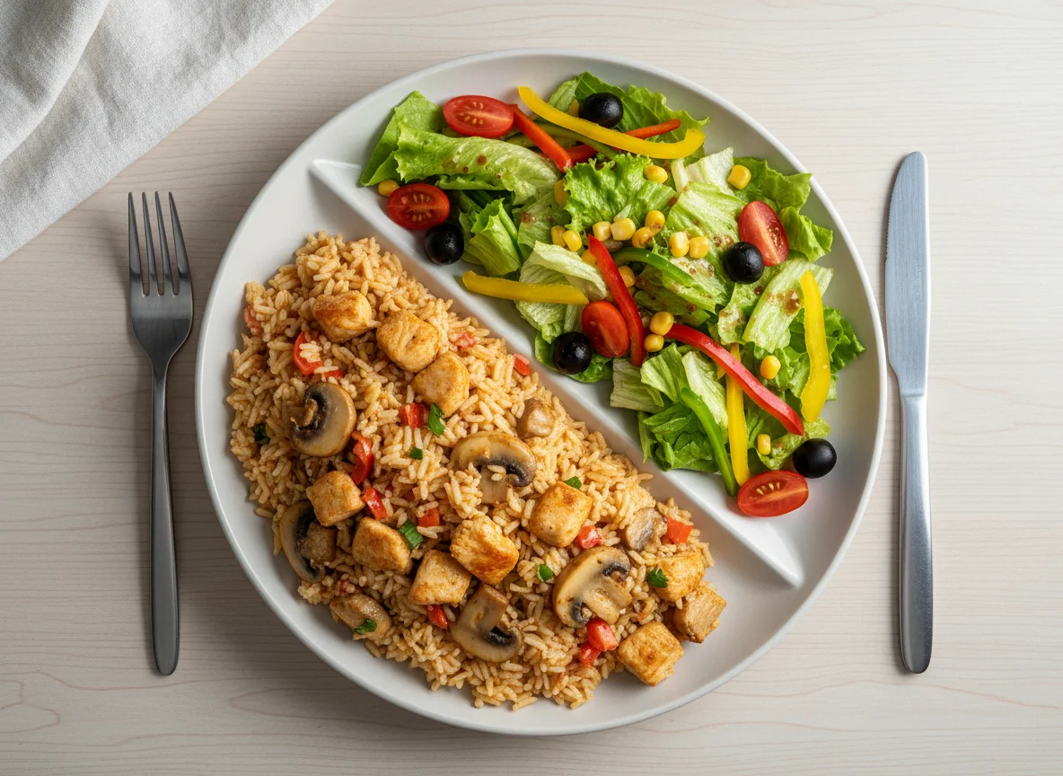 Hähnchen-Pilz-Reis mit Beilagensalat photo