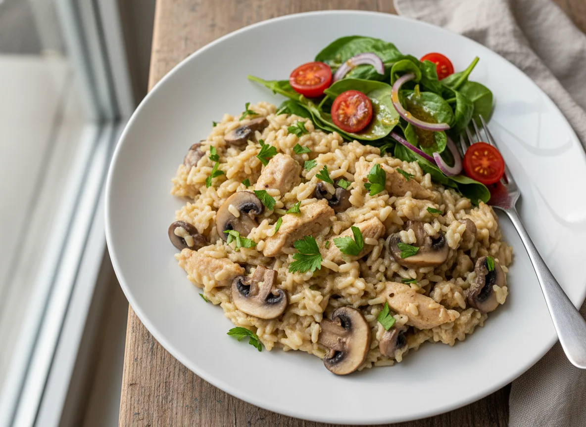 Hähnchen-Pilz-Risotto mit Beilagensalat photo