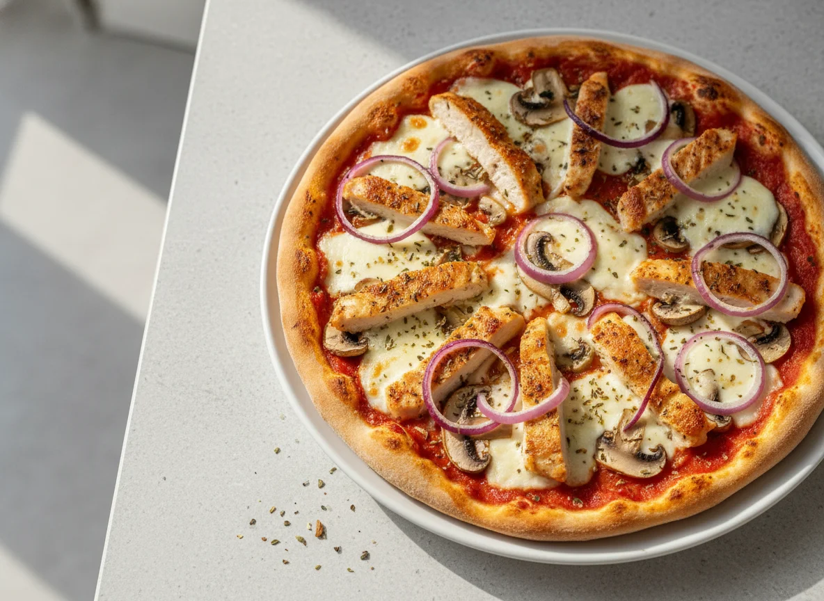 Hähnchen-Pilz-Zwiebel-Pizza photo