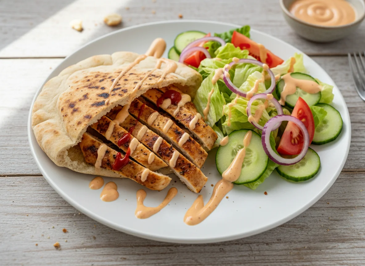 Hähnchen-Pita mit Salat und Sauce photo