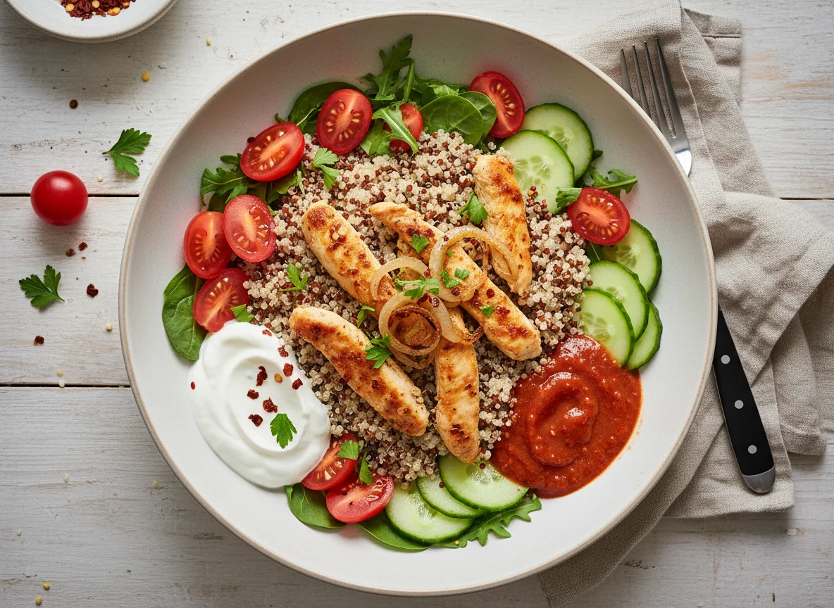 Hähnchen-Quinoa-Bowl mit Salat und Saucen photo
