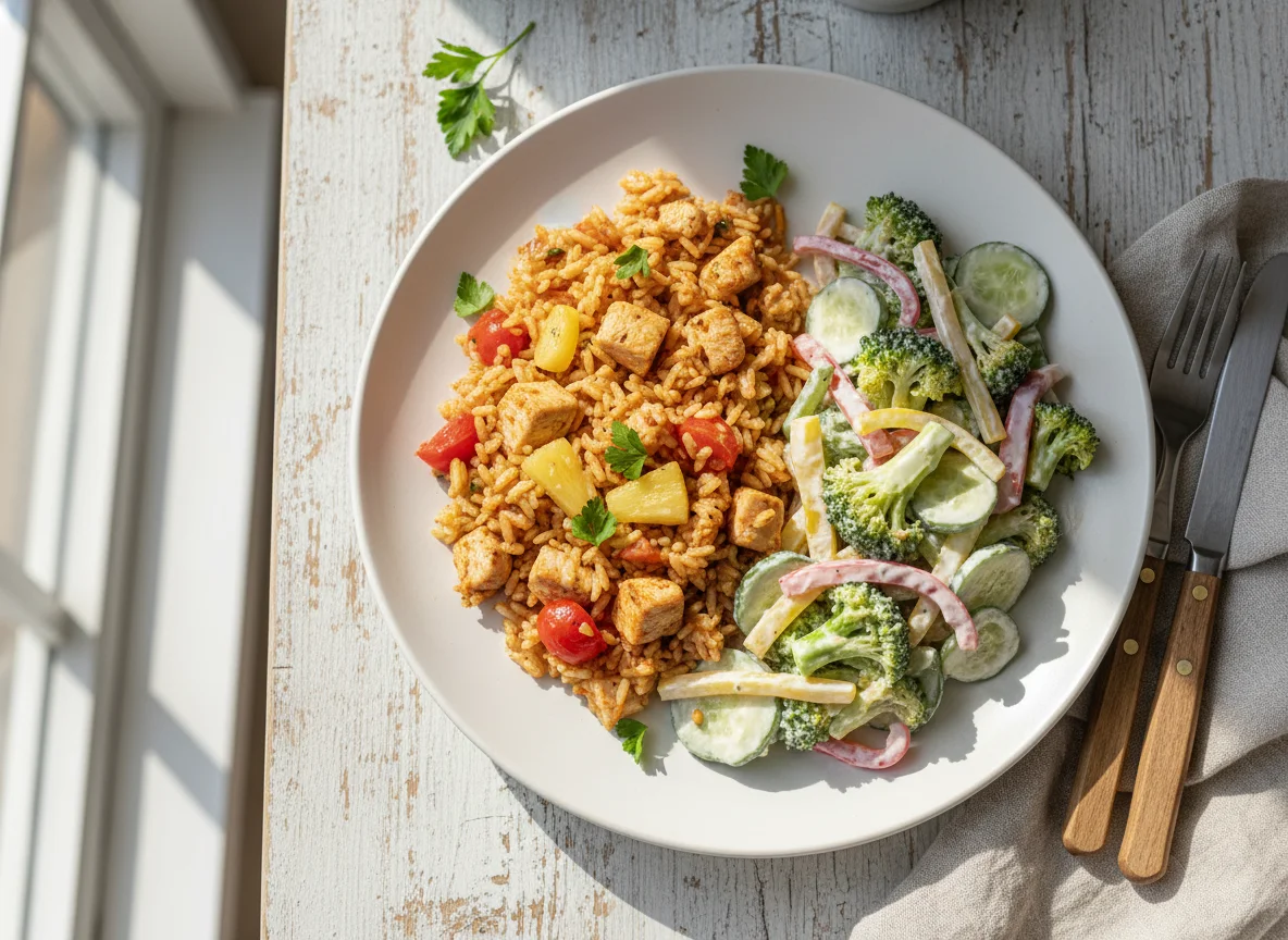 Hähnchenreis mit cremigem Gemüsesalat photo