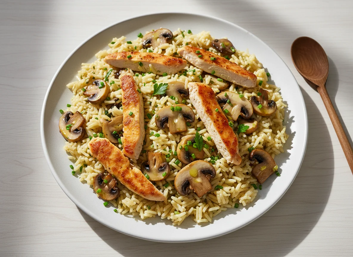 Hähnchen-Reis mit Pilzen photo