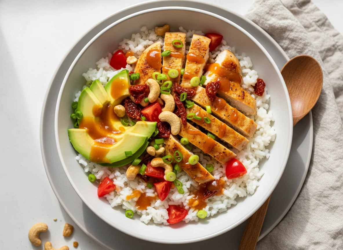 Hähnchen-Reis-Bowl mit Avocado und Cashews photo