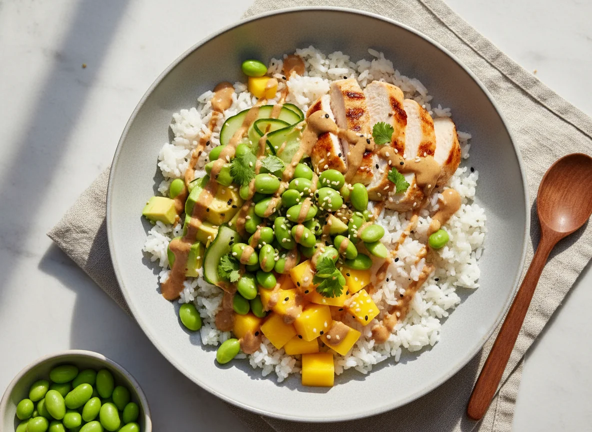 Hähnchen-Reis-Bowl mit Avocado und Edamame photo