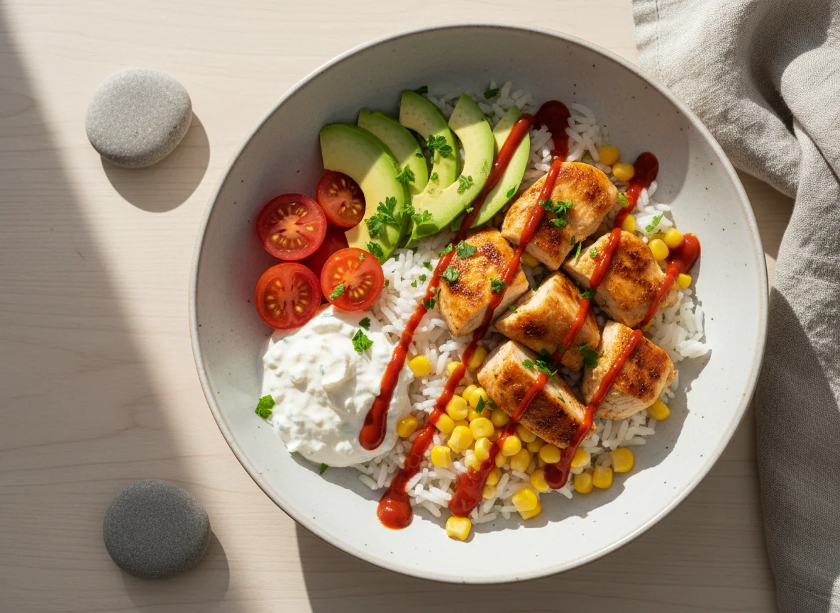 Hähnchen-Reis-Bowl mit Avocado und Gemüse photo