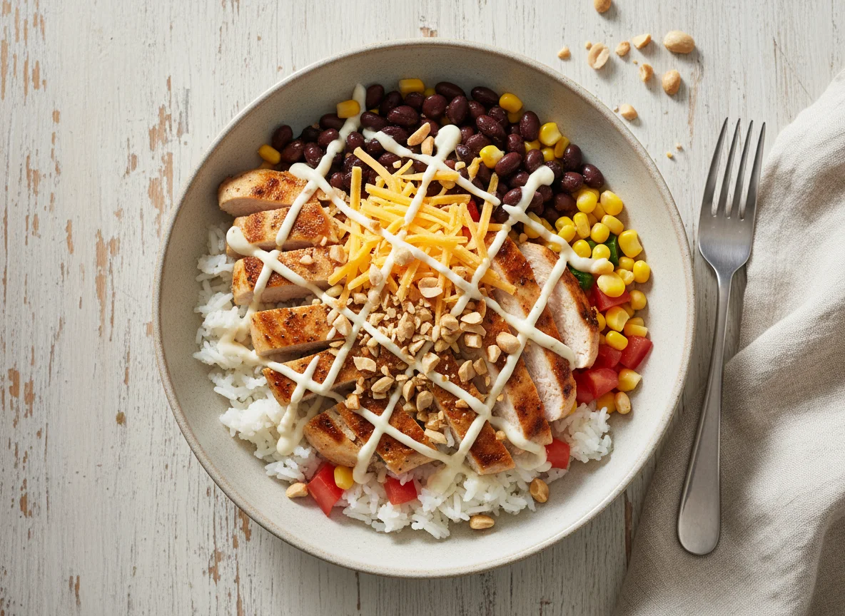 Hähnchen-Reis-Bowl mit Bohnen und Gemüse photo