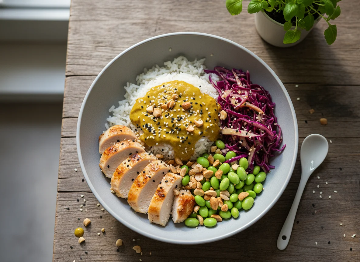 Hähnchen-Reis-Bowl mit Currysoße photo