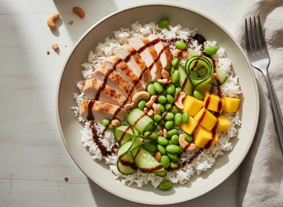 Hähnchen-Reis-Bowl mit Edamame und Cashews photo