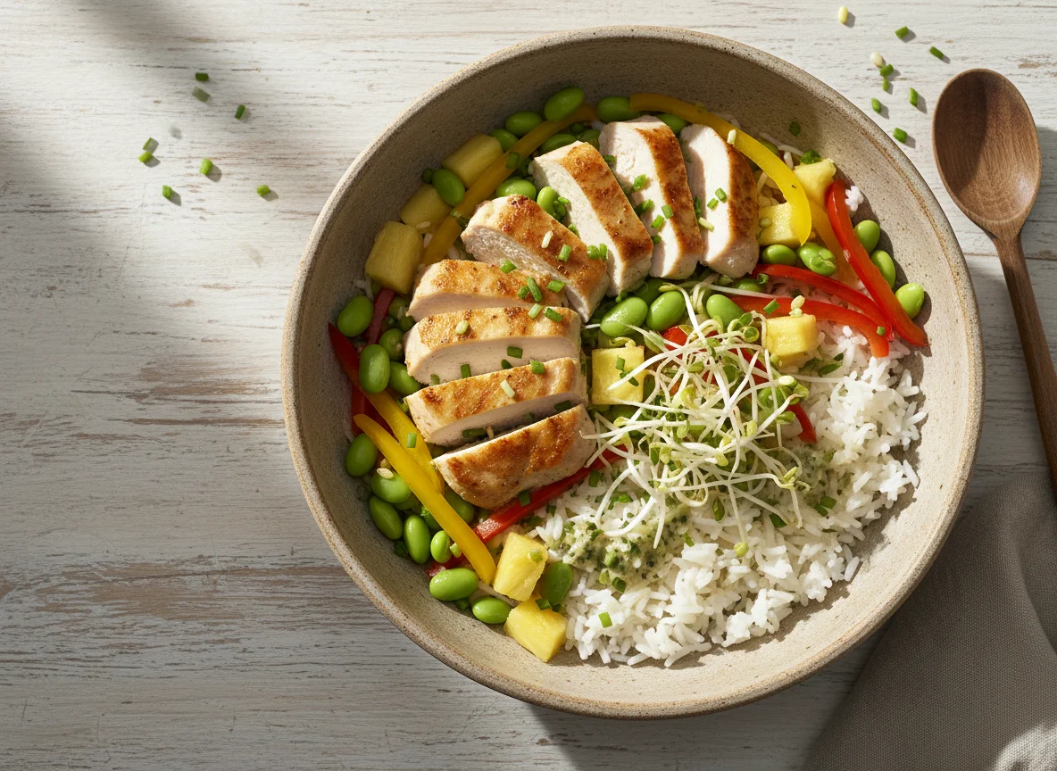 Hähnchen-Reis-Bowl mit Edamame und Gemüse photo